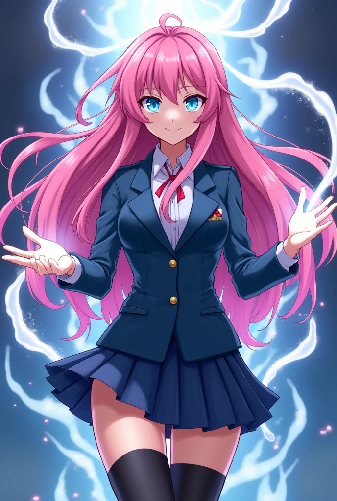 A mesmerizing 17-year-old action anime girl with long, flowing pink hair and vibrant blue eyes, dressed in a sleek, form-fitting blazer-style school uniform. She exudes confidence and allure, with her thigh-high socks accentuating her powerful stance. Her hands are outstretched in front of her, as if she’s controlling a swirling, ethereal dreamscape. Wisps of dream-like energy flow from her fingertips, creating an otherworldly scene around her. Her expression is focused and intense, with a hint of a smirk, as she bends the dream to her will. The comic book-like details emphasize her commanding presence and the mystical energy she wields