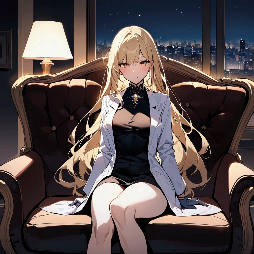 Living room background, night time, Lab coat, surgical gloves, long hair, 1woman, blond hair, shining hair, sitting on couch. Medium breast, facing viewer.