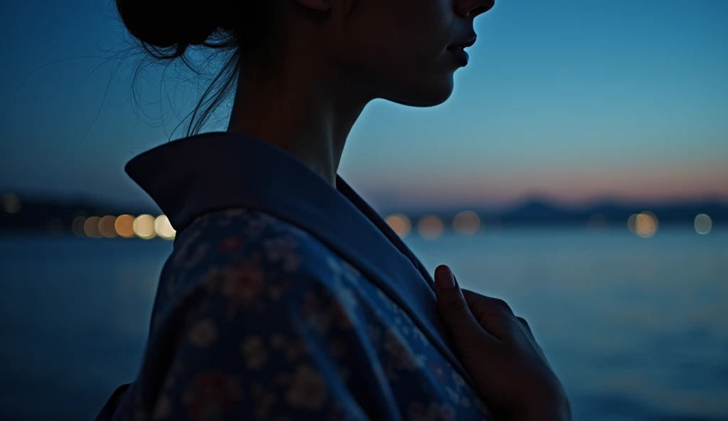(best quality, masterpiece, ultra detailed), A close-up of a woman wearing a kimono standing by the sea at night, holding her hands over her chest, from the neck down, her face is not shown.