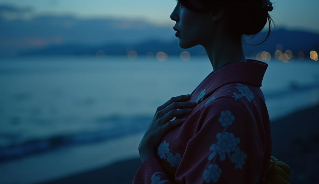 (best quality, masterpiece, ultra detailed), A close-up of a woman wearing a kimono standing by the sea at night, holding her hands over her chest, from the neck down, her face is not shown.