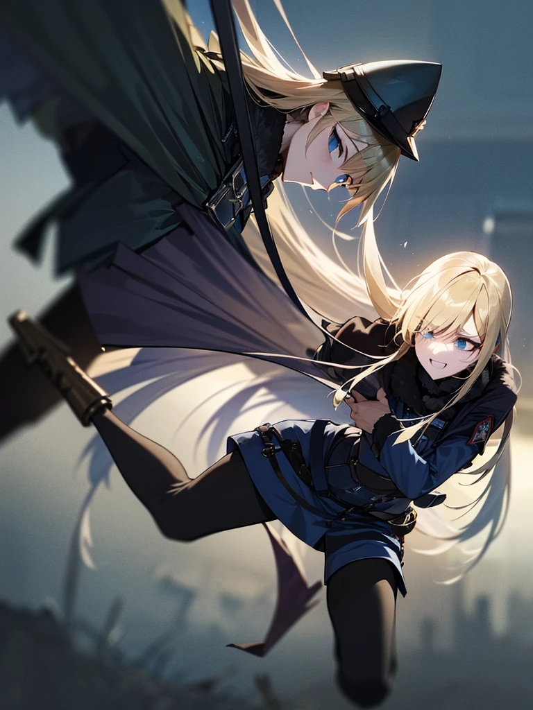 This lone female soldier is on the battlefield, attacking on the battlefield..(A fallen angel woman is trying to grab a girl from the darkness behind her 1.5).The girl is wearing an old German military uniform..He wears a helmet、Carrying a rifle.(Fallen angels are beautiful yet terrifying.、Opening his arms to try and catch it.2).Tense battlefield background, Many explosive bullets、High resolution, High-precision images, masterpiece, 8k.