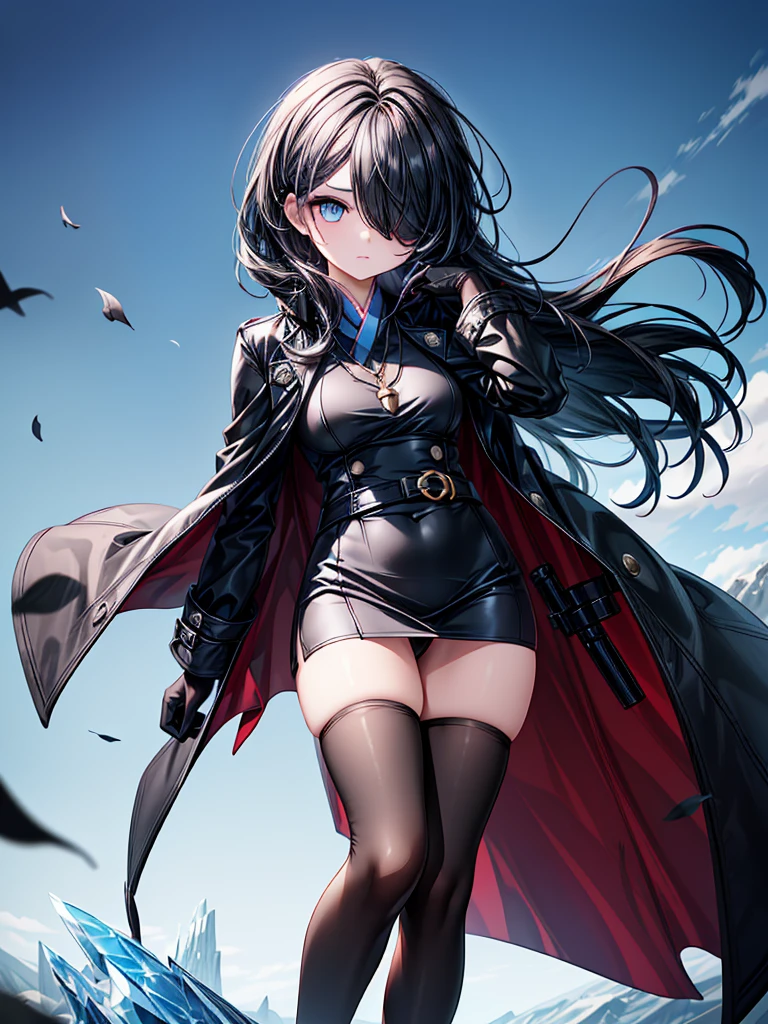 ((Oriental Project)),((Celestial Glacier)),((masterpiece)),,((Highest quality)),(((take Amulet))),((alone)),((Deep blue pupils)),((sparkling eyes)),((Beautiful Blue Eyes)),((Wearing a black coat)),((Black mini skirt)),(((Wearing black tights))),((Slim body)),((length, Shiny black hair)),((Her left eye is completely hidden by her bangs)),((Her hair is parted, and you can see her eyes through it)),((Wearing black gloves)),((hair over one eye,long hair)),((Ruthless)),((Complex background)),((Hair blowing in the wind))