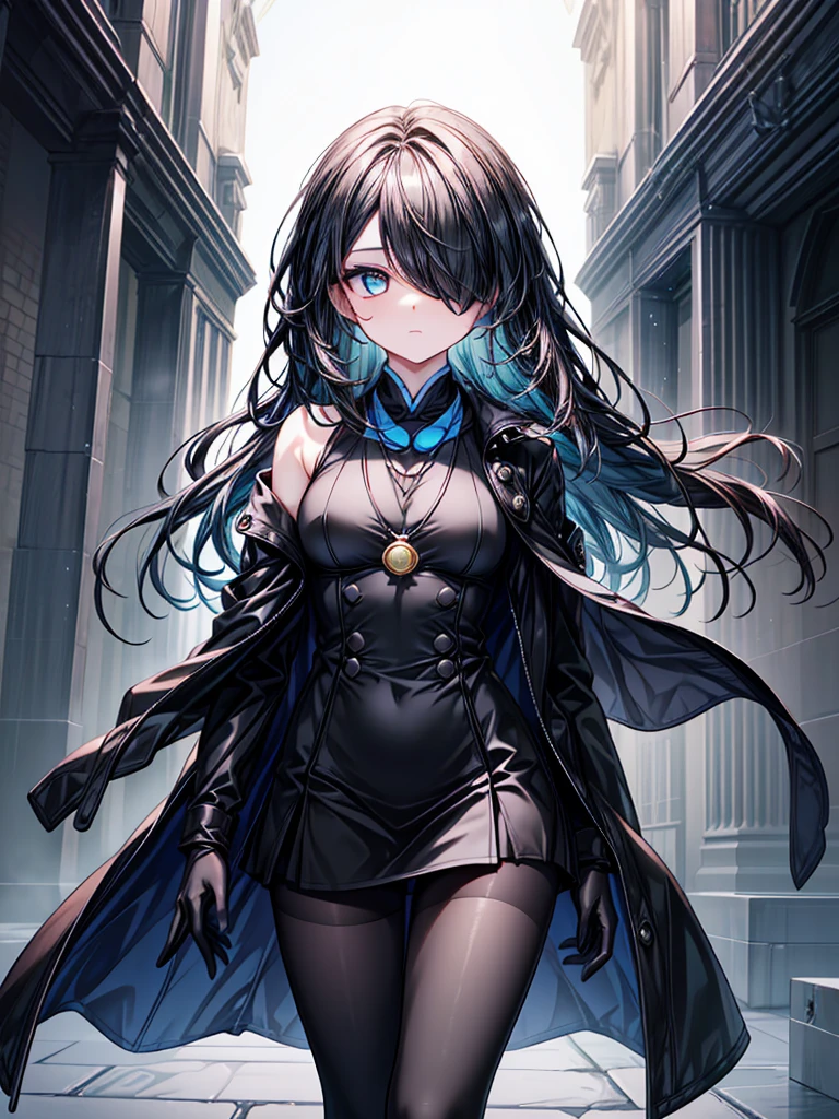 ((Oriental Project)),((Celestial Glacier)),((masterpiece)),,((Highest quality)),(((take Amulet))),((alone)),((Deep blue pupils)),((sparkling eyes)),((Beautiful Blue Eyes)),((Wearing a black coat)),((Black mini skirt)),(((Wearing black tights))),((Slim body)),((length, Shiny black hair)),((Her left eye is completely hidden by her bangs)),((Her hair is parted, and you can see her eyes through it)),((Wearing black gloves)),((hair over one eye,long hair)),((Ruthless)),((Complex background)),((Hair blowing in the wind))
