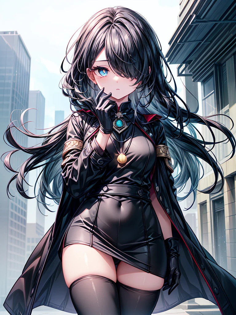 ((Oriental Project)),((Celestial Glacier)),((masterpiece)),,((Highest quality)),(((take Amulet))),((alone)),((Deep blue pupils)),((sparkling eyes)),((Beautiful Blue Eyes)),((Wearing a black coat)),((Black mini skirt)),(((Wearing black tights))),((Slim body)),((length, Shiny black hair)),((Her left eye is completely hidden by her bangs)),((Her hair is parted, and you can see her eyes through it)),((Wearing black gloves)),((hair over one eye,long hair)),((Ruthless)),((Complex background)),((Hair blowing in the wind))