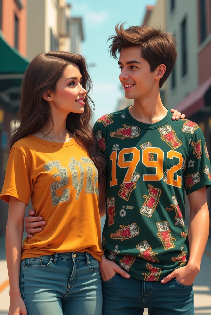 A woman wearing a 1998 shirt with a young man wearing a 2002 shirt