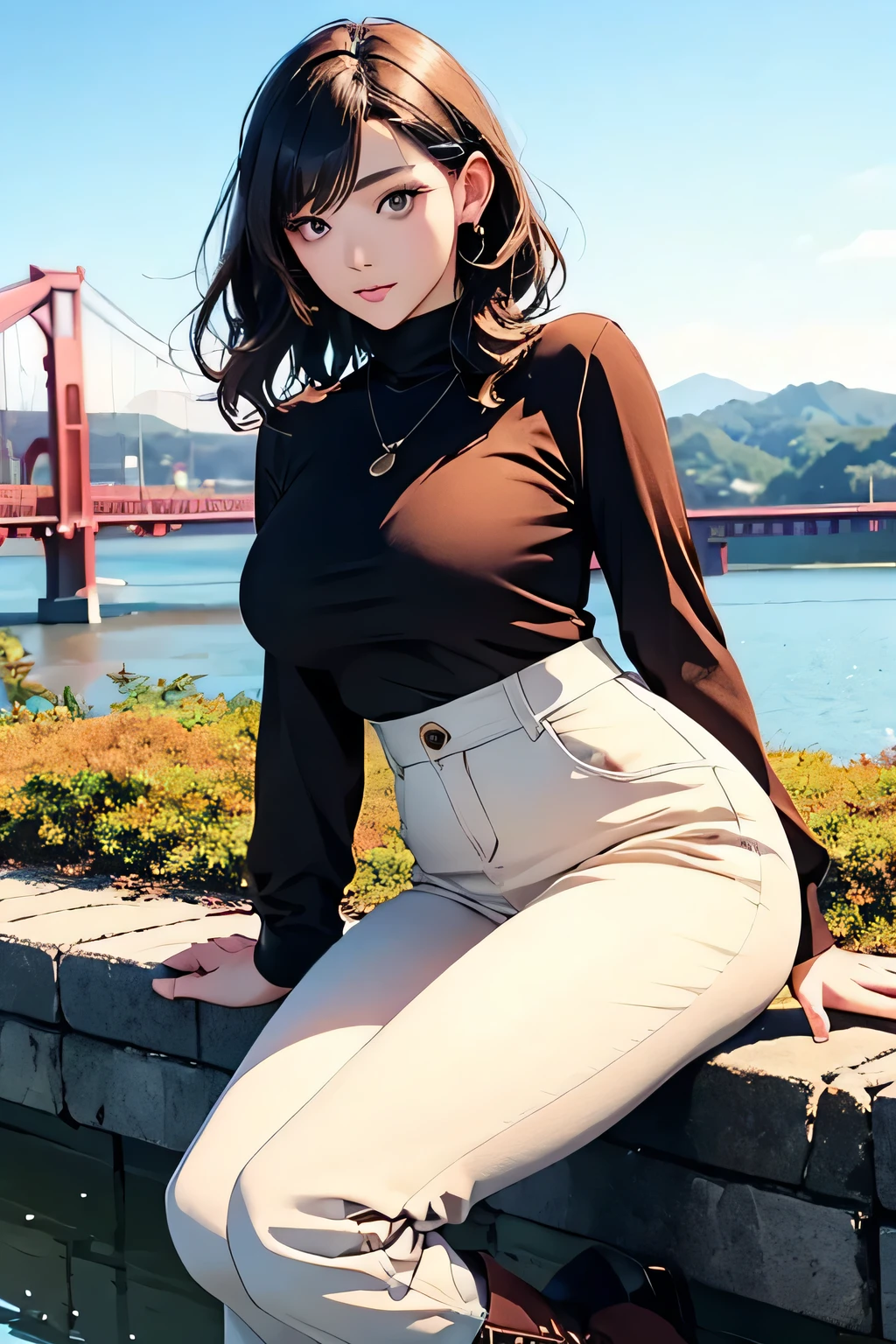 Highest quality、High resolution、Detailed Background、(Beautiful face in every detail:1.4)、Anatomically correct、(Normal number of fingers:1.2)、(Highly detailed face:1.2)、Detailed eyes、Beautiful women in their 20s、(Huge breasts:1.2)、Perfect body line、Light color hair、Bobcut、Long Hair、Wavy Hairstyle、Cute Eye Makeup、Cute Lip Makeup、Accentuate your cleavage、Model Pose、Cute gestures、Show the whole body、

(A beautiful model with a popular spot in the background:1.5)、

A coordinated look incorporating deep autumnal colors and layering、Finishing with short boots or sneakers for a casual look、
Adding an accent with boots、Pair it with sneakers to make it more casual and sophisticated.、A wide-leg pants in velvet material paired with a simple T-shirt is also cute and autumnal、Combining with long boots is expected to have a leg-lengthening effect、

Kyoto、Arashiyama、Arashiyama is a classic yet always popular spot that combines the atmosphere of an ancient capital with a modern cafe.、Taking pictures at Togetsukyo Bridge, there are many picturesque landscapes、very beautiful