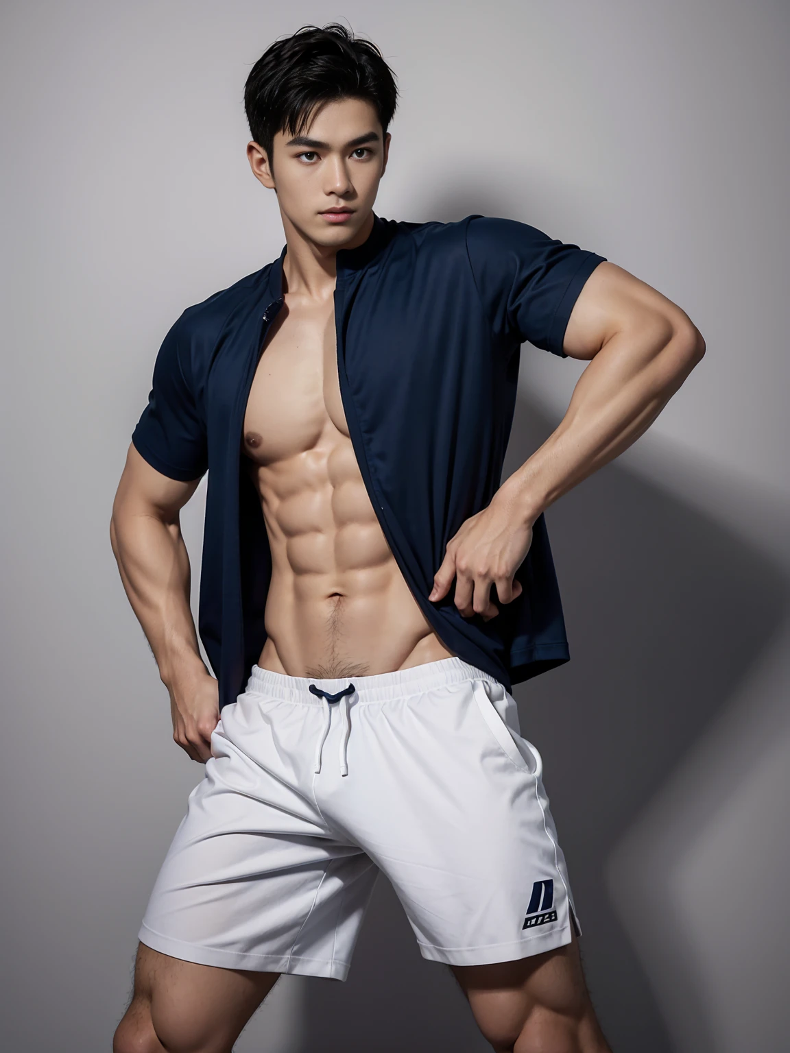 1 Handsome naked Japanese guy , pose, A 20 year-old man wearing a Bare chest shirt and Excellent shorts stands against a white background, navy Blue, navy Blue, Sports T-shirt, Blue, Excellent Sportswear, Gorgeous and sexythes, Sportswear, Short sleeve, Jinjinshen Blue clothes, Tall young man, Tennis suits, Wearing Sportswear, dark Blue decorative clothing,male,Bare chest,Full chest muscles,Swelling of chest muscles,Six-pack,Hips, Handsome,High,Muscles look good,hairy body,Sexy expion, Wheat complexion,black eyes(thin eyes 1:3),Full body image, Excellent, perfect dick shape, Perfect hand details,Detailed you, , Mostly juicy ass, The opening of your legs