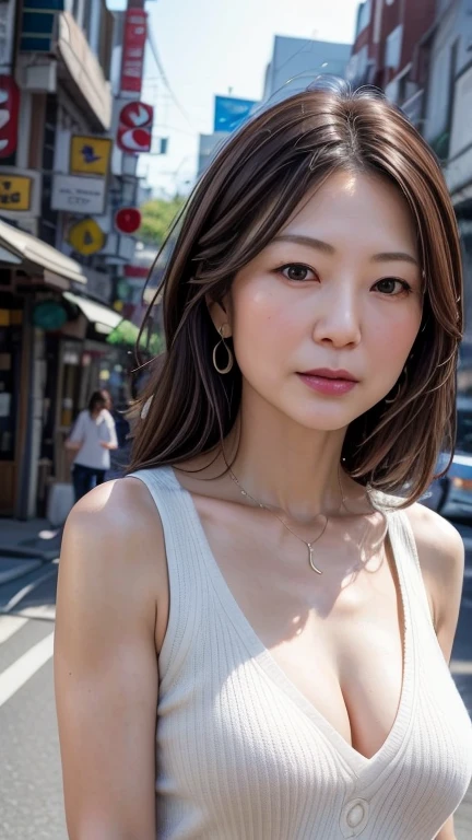 最high quality、masterpiece、High resolution、1 female、necklace、gem、Earrings、Beautiful Face、Body Up、Tyndall effect、Realistic、Rim Light、Two-tone lighting、(High resolutionスキン:1.2)、8k UHD、Digital SLR、Soft lighting、high quality、Volumetric lighting、photograph、High resolution、4K、8k、Japanese woman in her 50s、Brown haired woman、Adult、Small eyes、Perfect Mouth、Highly detailed eyes and mouth、Black natural eyes、Pure brown hair color、lol、Caucasian skin color、White shirt and random color sleeveless top、Hair quality and shine、street、town、road、congestion、