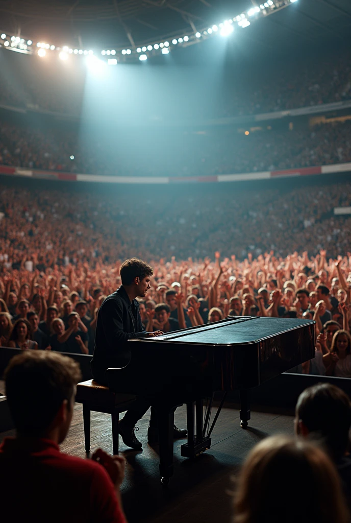 Concert of a musician playing the piano with many people applauding in a football stadium, and in the distance letters appear that say Ramon Gaytan music therapy courses 