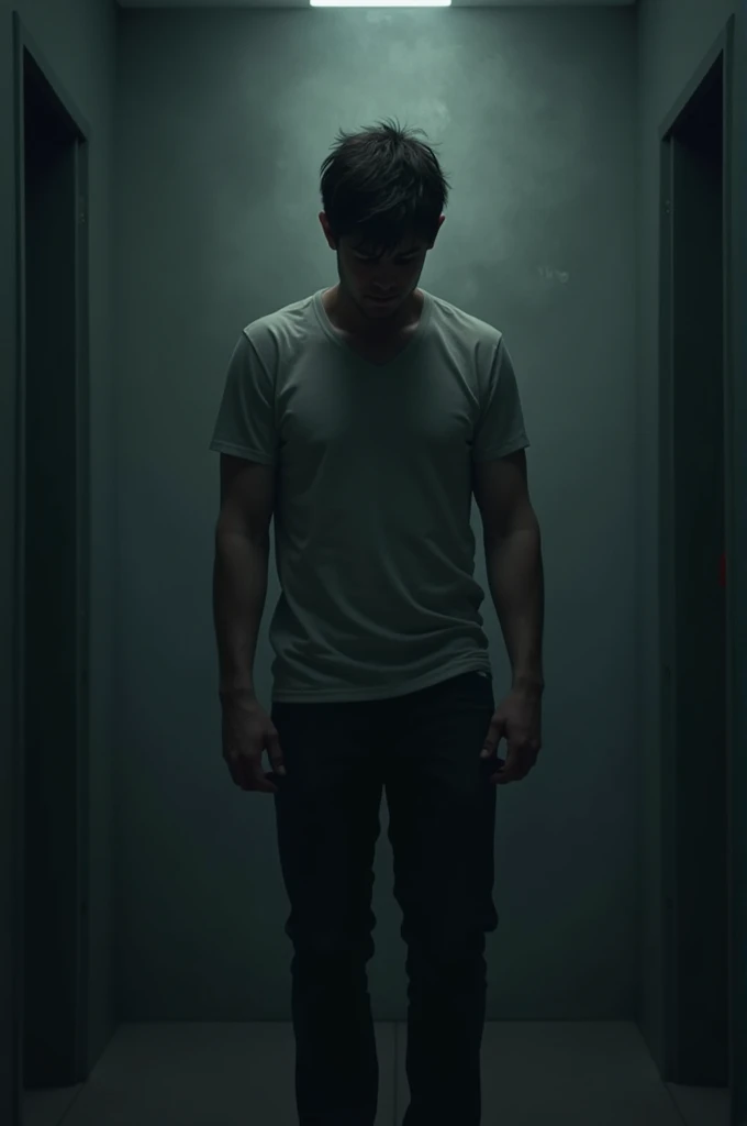 A person looking distressed and worried, standing in a dimly lit room with a sense of tension in the air