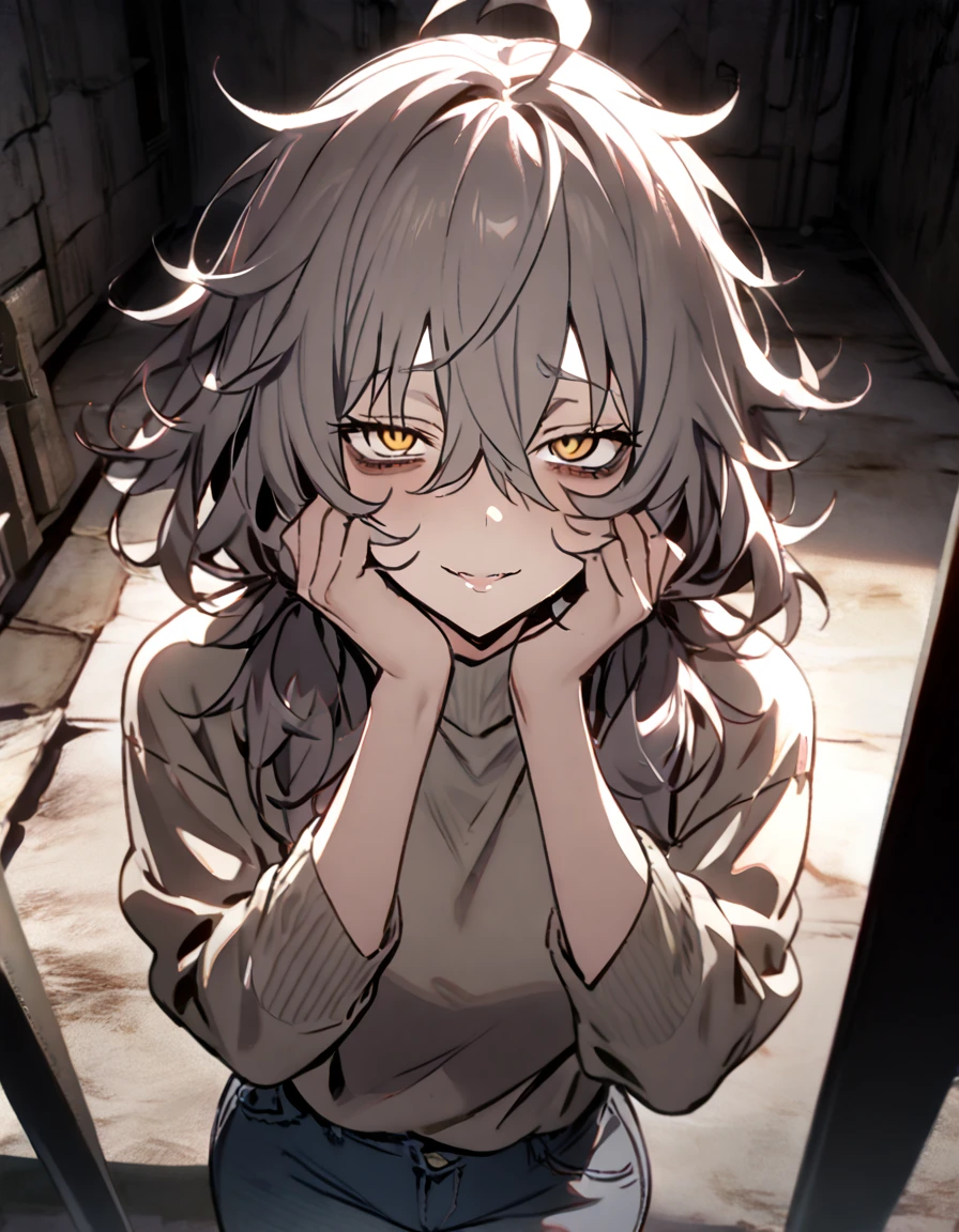 mature, golden eyes, looking at viewer, female, basement background, messy hair, grey shoulder-length hair, ponytail, parted lips, hair between eyes, ahoge, emotionless, tired eyes, standing, jeans, turtleneck shirt, comfy clothes, leaning on railing, bandage around head and eye, bags under eyes, yandere, smirk, hands on cheeks, very dark, yandere trance, crazy, close up, curvy
