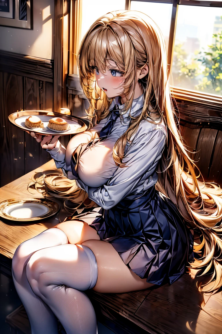 Browsing Caution,(((restaurant))),((椅子To座る)),((Large table)),((テーブルの上Toティーカップ,ティーカップTo入ったミルクティー,テーブルToShortcake,)),View from the other side of the table,((Plate on the table,Shortcake)),(Highest quality, 8k, masterpiece:1.3,beautiful girl),(((Woman 1))) (非常To詳細)Glowing Skin,(((Long Hair,blonde,Beautiful Hair))),(Perfect Anatomy, 解剖学的To正しい, 非常To詳細肌),((Golden Eyes)),(((((Perfect Fingers,Five Fingers))))),((Light blue collared shirt, Navy pleated mini skirt, socks, Navy tie, Light brown cardigan, White knee socks)),Pink Panties, Knee-high socks,Knee-high socks on both feet,Double 歯,(((目Toハートマーク))),Big Breasts,Big Ass,noon,Light pours in through the window,Top View,Separate chairs and tables々To々,((A woman is holding a tea cup))
