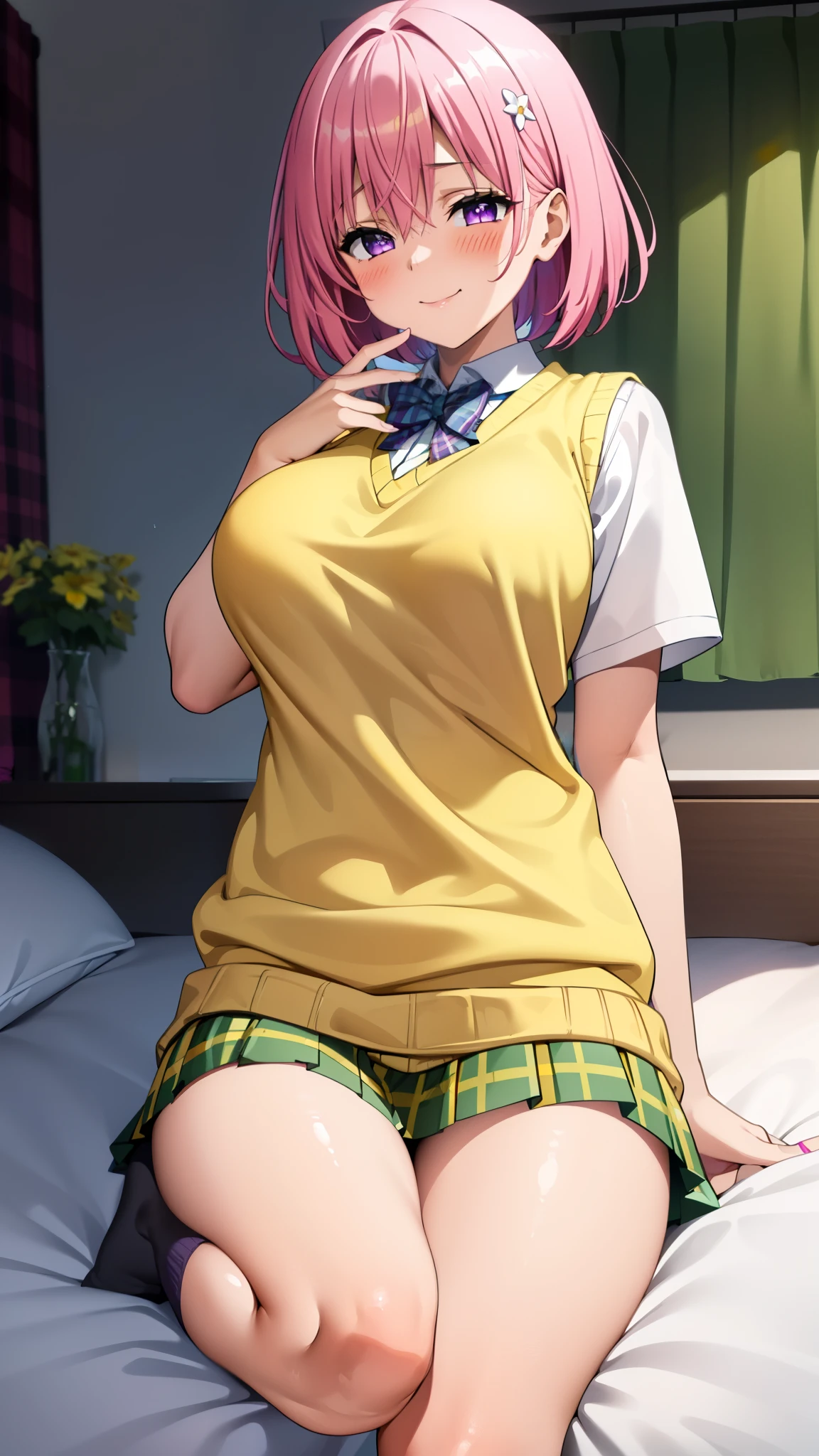 8k,Highest,quality,(highest quality:1.1), (masterpiece:1.4), (Confused:1.0), 
1 girl, Momo Deviluke, hair ornaments, Bobcut, Short Hair Pink Hair, Purple eyes, skinny,Large Breasts, green skirt, Plaid, Plaid skirt, sainan high school uniform, skirt, Sweater vest, Knee socks, socks ,(Yellow Sweater:1.5), Short sleeve,((white bed)),((In her room)), (blush:1.2), smile,（Perfect Fingers）,mesugaki,put on adult goods,