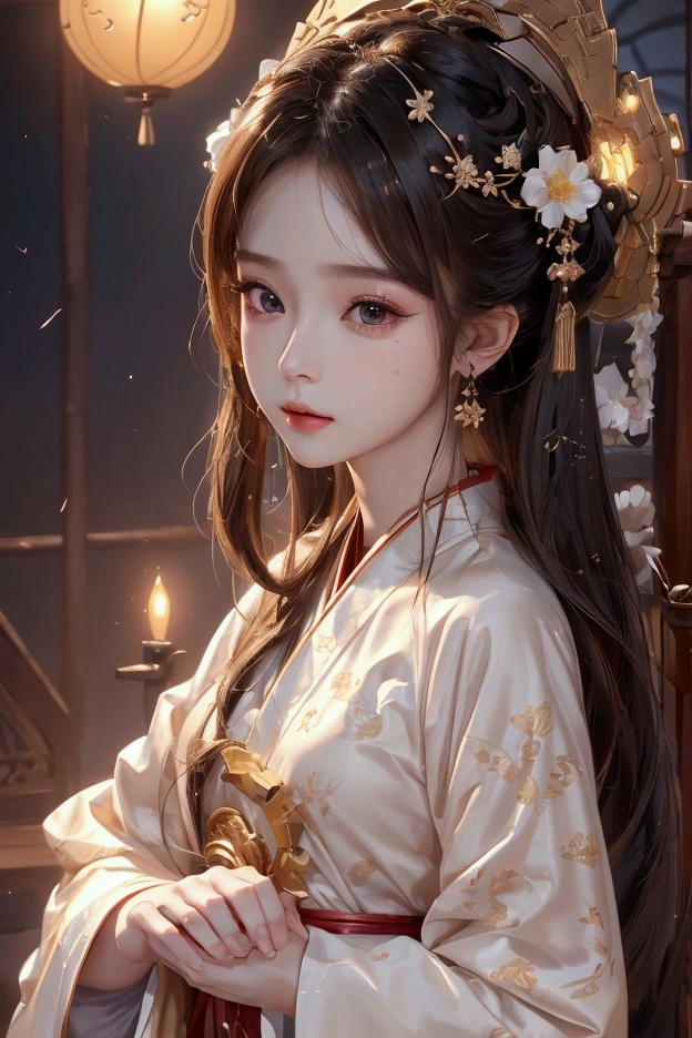 8k, RAW Photos, Highest quality, masterpiece: 1.2), (Realistic, Photo Realistic: 1.4), {{{One girl}}},, Depth of written boundary, whole body, Cinema Lighting, Asian Girl, Beautiful Faces, Beautiful body, sweating, , Depth of written boundary, skin, ear, Pale skin, Highest quality, masterpiece, figure, Very disciplely and beautiful, Very detailed,CG,Unity,8k wallpaper,wonderful,In detail,Master,Highest quality,Official Art,Very detailed CG Unity 8k wallpaper,Ridiculous,incredibly Ridiculous,Large file size, Very redundant, High resolution, Very redundant, Beautiful detailed girl, Very detailed目と顔, Beautiful attention to detail, Light on the face, (Hanfu: 1.1), One girl、Small breasts