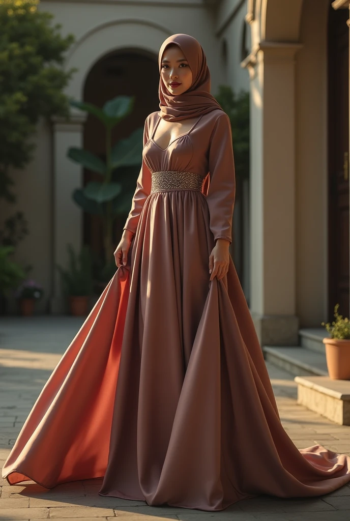 Asian woman in glamorous evening dress, wear modern hijab, wear sheer outer gown, full-body encapsulation, entirety of fabric about 7 meters in length trailing dramatically, glamours style, overlong satin train, extreme detail on the texture of the satin, highlighting its reflective quality, cinched at the ankle, y random pose outdoor, dramatic lighting, ultra realistic, high-resolution photography.