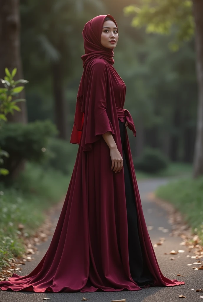 Asian woman in glamorous evening dress, wear modern hijab, wear sheer outer gown, full-body encapsulation, entirety of fabric about 7 meters in length trailing dramatically, glamours style, overlong satin train, extreme detail on the texture of the satin, highlighting its reflective quality, cinched at the ankle, sexy random pose outdoor, dramatic lighting, ultra realistic, high-resolution photography.