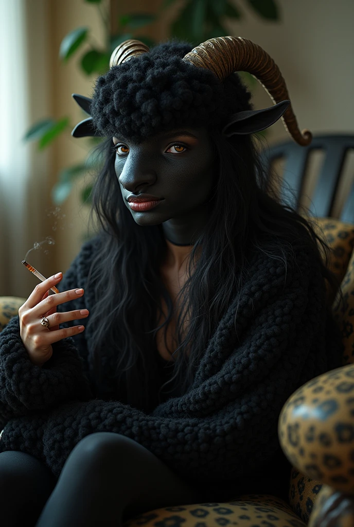 A woman with a black sheep face, somewhat furry, pretty, sitting in a corner of her room, smoking a cigarette, only hair on her head, the most sheepish face but without losing the human aspect. 

