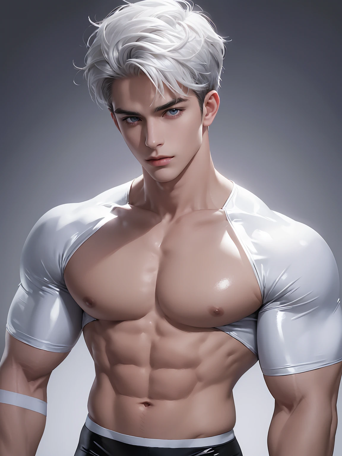 Ultra wide angle，Full body photorealistic 4k, high resolution, best quality, masterpiece, perfect color, perfect shade, perfect lighting, Posted by e621, ((portrait)), ((handsome man)), perfect male figure, Short hair details，chest muscles，abdominal muscles，wearing white and silver tight fit latex spandex and gloves，Detailed face, perfect face, (stood up), Detailed background, ((Bonifasco Lighting)), (delicate eyes),),white hair