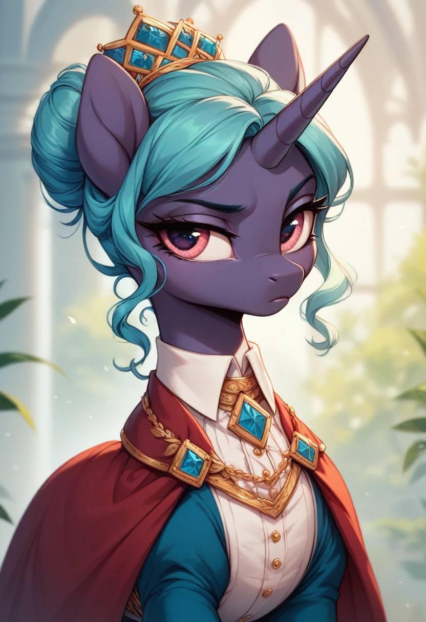 The pony is a unicorn, the skin color is light blue, the hair is dark pink. Her hair is caught in a bun with a beautiful blue hairpin. The clothes are beautiful and sophisticated. The pony is elongated and mature. Decorating. A serious face.extremely detailed artgerm.
