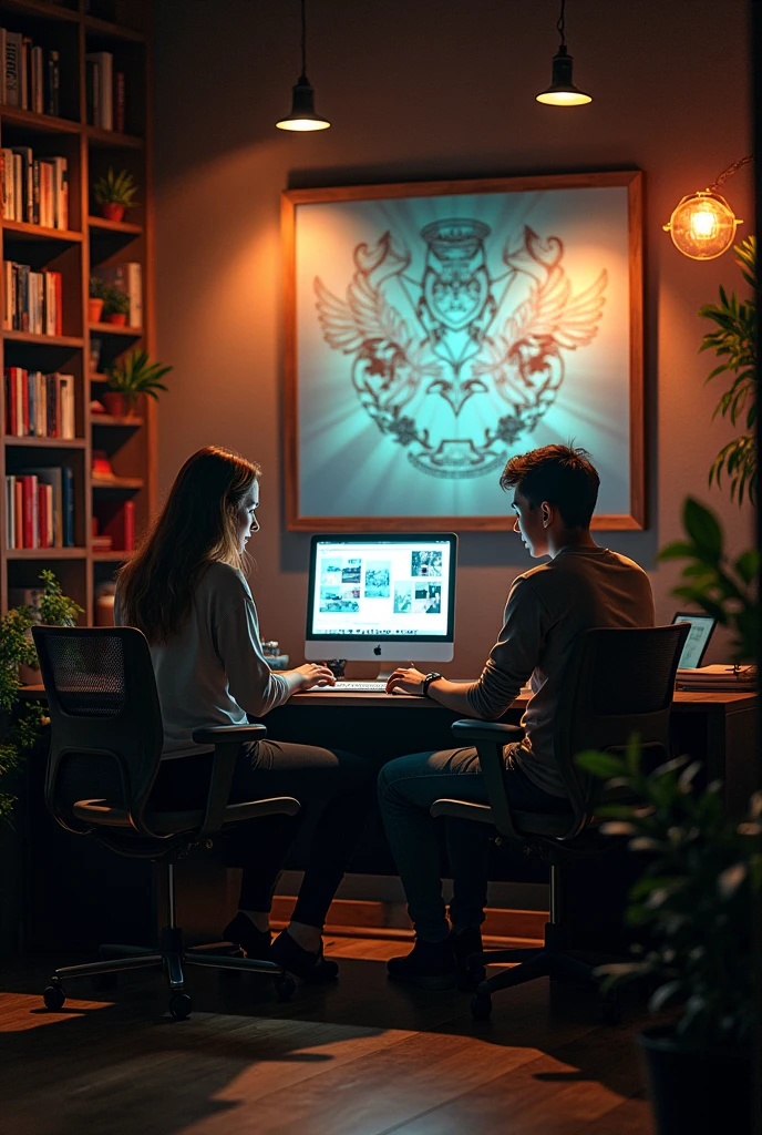 A room of content creator have a cinematic light with book sleves and laptop and hanging wall design
