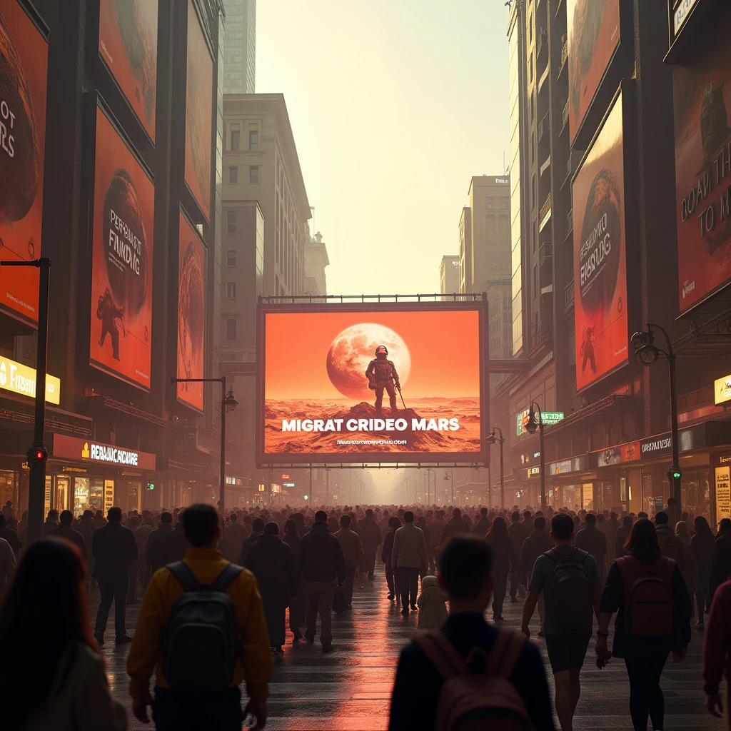 Near future. The streets of Cairo, the capital of Egypt, are crowded with people. A commercial encouraging people to migrate to Mars runs on a huge monitor display.