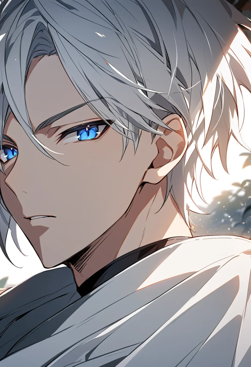 close up of man with white hair and blue eyes, tall anime man with blue eyes, white hair, young anime man, he has dark gray hair, male anime character, white hair, anime vector shading, like anime character, male anime style, silver hair