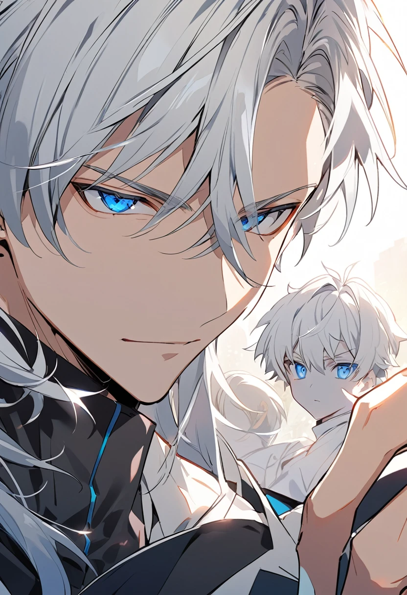 close up of man with white hair and blue eyes, tall anime man with blue eyes, white hair, young anime man, he has dark gray hair, male anime character, white hair, anime vector shading, like anime character, male anime style, silver hair