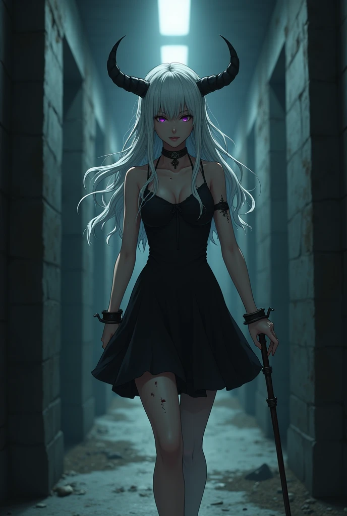 (photorealism: anime style), beautiful young girl, 20-years old, long white wavy hair, old short black dress, purple eyes, handcuffs cut, no shoes, scratched skin, walking a dark corridor, a spear in her hand, black horns in her head