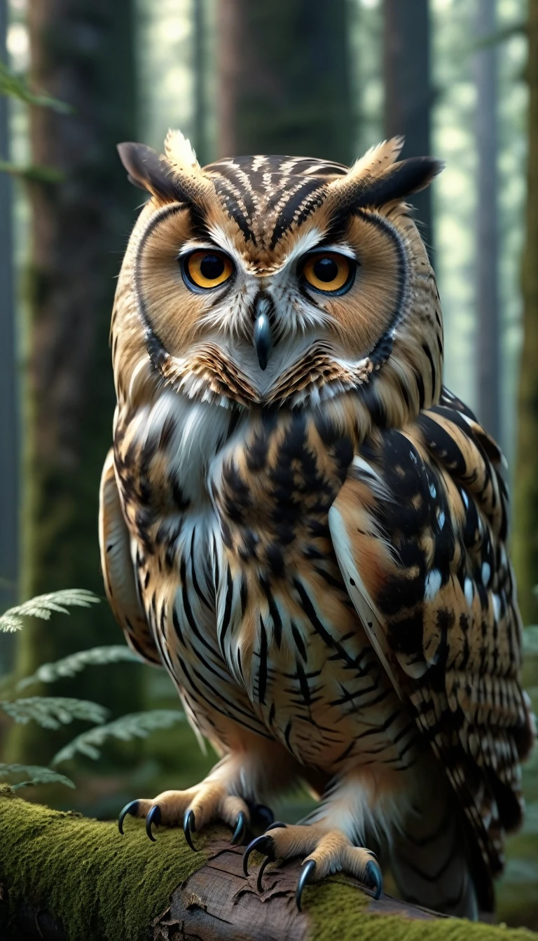 Panorama,Owl with a human face in the forest(best quality,4K,8k,High level,masterpiece:1.2),Ultra Detailed,(lifelike,Photo real,Photo real:1.37),Highly detailed animals,Complex patterns,Realistic lighting