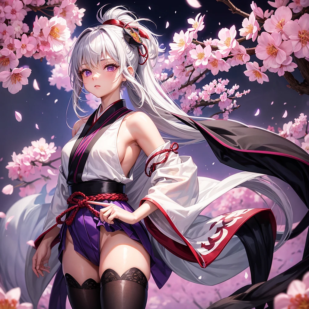 Girl, s old, fair skin, long silver hair braided in one ponytail, purple eyes, white yukata with open legs and sakura petals, slim, beautiful legs, black belt, black gloves, red sakura flowers, purple long cloak, detailing, perfect, red and black bracelets on legs and arms, wooden high heels, kitsune mask, high black and purple opaque stockings