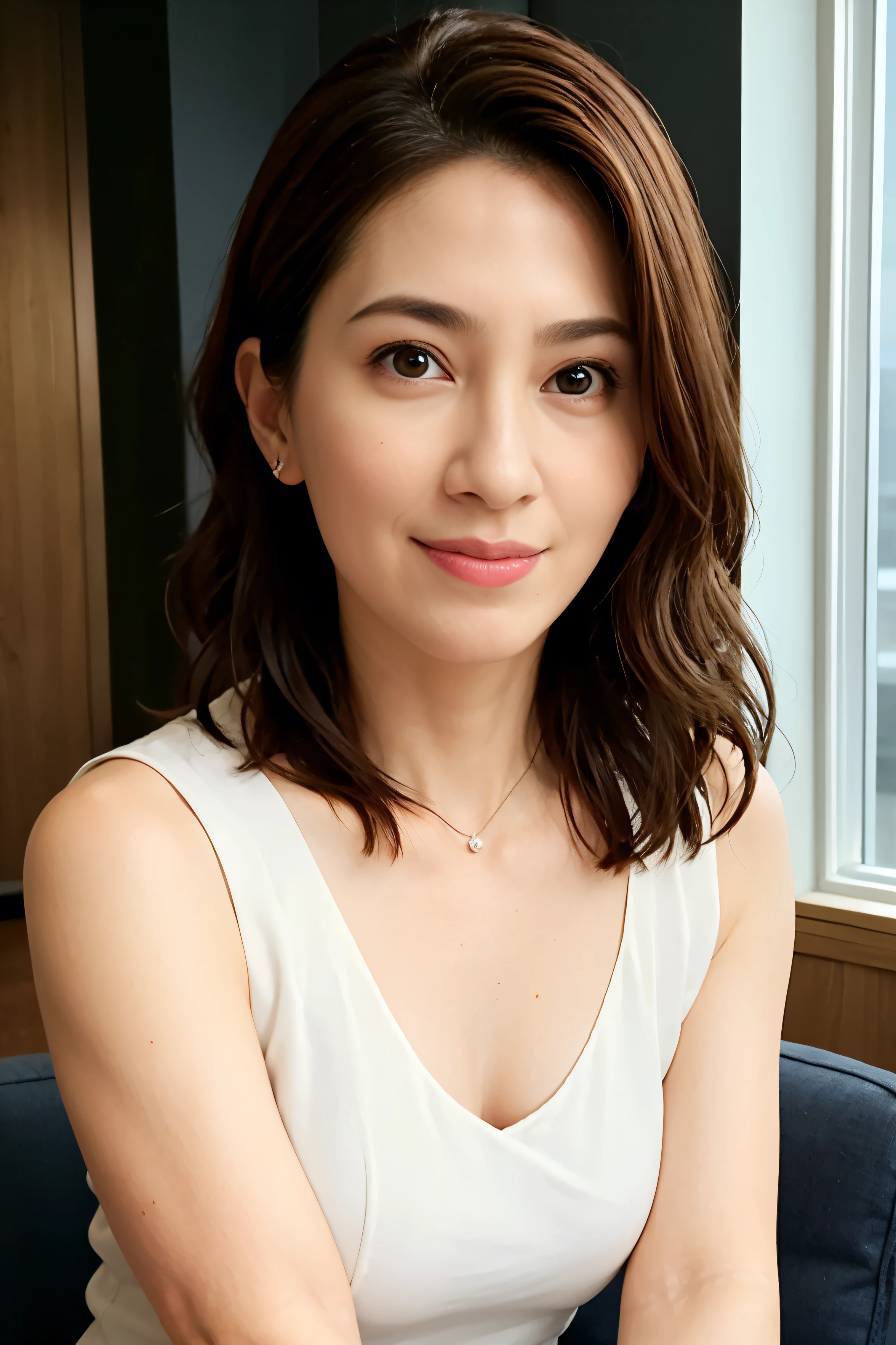 Highest quality, masterpiece, Realistic, 8k, 1 sexy woman, Look forward, Upper Body, View your viewers, mature, 40 years old, Small face, Wear lightweight V-neck clothing, Lewd Eyes, Last, Mean Woman, Attractive look