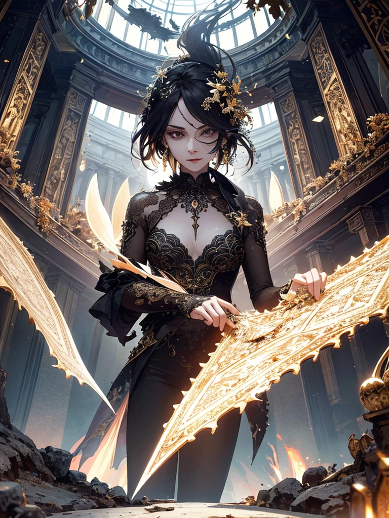 Absurd, high resolution, ultra-detailed, (1 girl:1.3), broken, design a beautiful temple scene, intricate architecture, lush gardens, and a sense of peace and spirituality. Broken, creating an image of a destructive demon with terrifying features, dark powers, and a thirst for chaos and destruction. Broken, designed with a fisheye effect image that captures a wide field of view with a unique curved viewing angle. Break to create rooftop views in urban environments with panoramic cityscapes, dramatic skylines, and a sense of elevation. Break , illustrating the tender moments between parents and children, capturing their bonds, love, and connection. Broken, using pointillism to illustrate images, carefully placed tiny dots of color to create a cohesive and visually stunning whole.