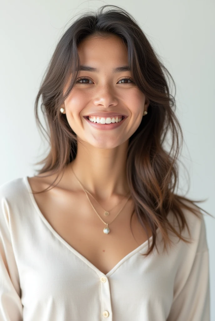 Create a photorealistic image of a 20-year-old Christian influencer girl. She should be looking directly at the camera with a puzzled  happy expression. The background should be a clean, white studio setting, emphasizing her emotional state. Ensure the lighting is soft and professional, highlighting her features and the depth of her expression. Include subtle details that reflect her influencer persona, such as stylish yet modest clothing and minimalistic accessories.