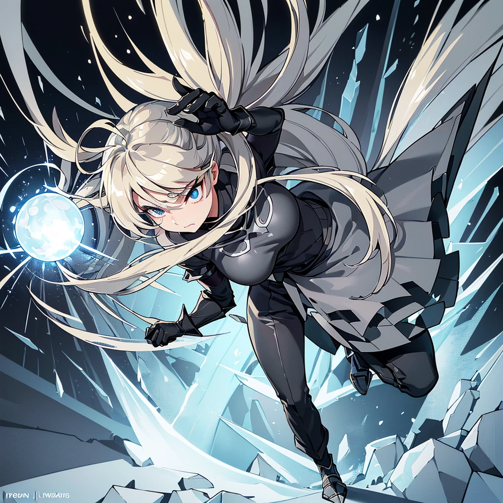 ((((Solo))))、Best illustrations、Best Quality、(Full body character concept、Character Design)、(((Grey Armor、Black trousers、Black gloves))、(woman、18-year-old)、(Blonde、Long Hair)、(Get Ready、Run)、(get annoyed)、(Particles of light, light, Ice balls、Ice Tornado、Ice Magic)、Dramatic Angle、Blue aura、From above at an angle