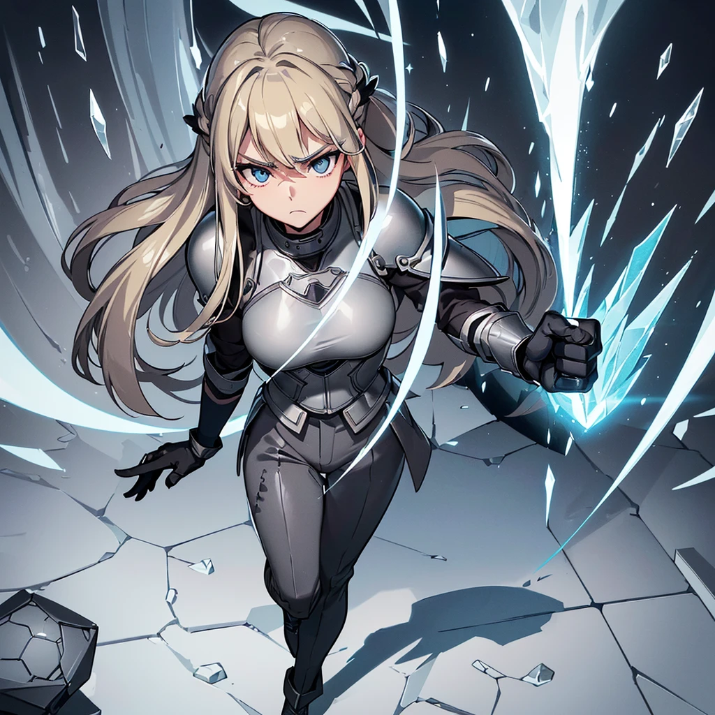 ((((Solo))))、Best illustrations、Best Quality、(Full body character concept、Character Design)、(((Grey Armor、Black trousers、Black gloves))、(woman、18-year-old)、(Blonde、Long Hair)、(Get Ready、Run)、(get annoyed)、(Particles of light, light, Ice balls、Ice Tornado、Ice Magic)、Dramatic Angle、Blue aura、From above at an angle