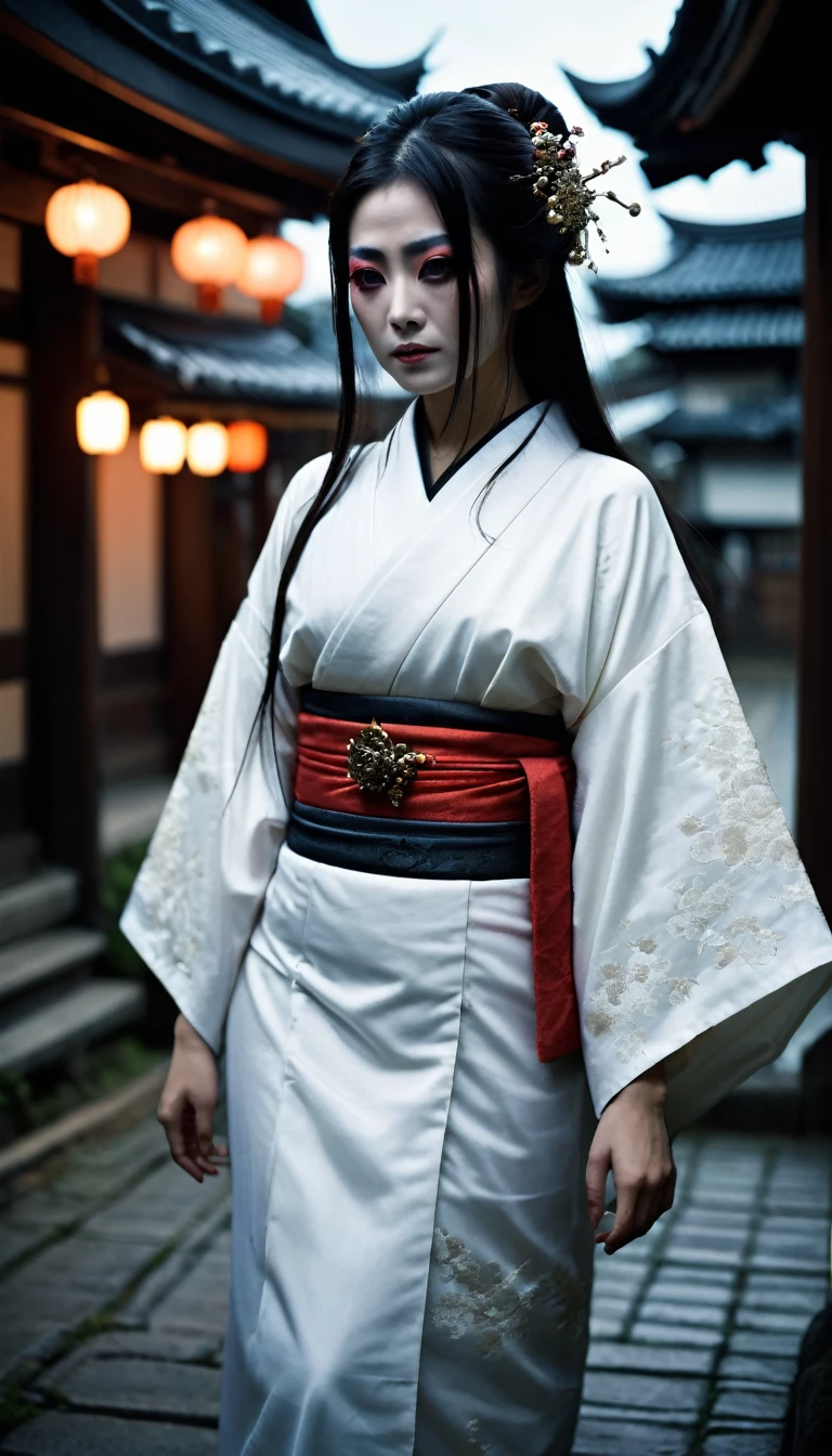 Steampunk Japanese Town、There are a lot of monsters behind、Full Body Shot、Horror-themed movie stills,、Calm, A woman with long hair wearing a white wedding kimono,(Head size 1:4) (Full body portrait:1.3), (Detailed evil face of a woman:1.4), I am wearing a kimono, Shallow depth of field, Vignette, Very detailed, High budget, Bokeh, CinemaScope, Sulky, wonderful, Nice, Film Grain, granular . Spooky, Concerned, dark, Spookyな, Suspenseful, strict, Very detailed