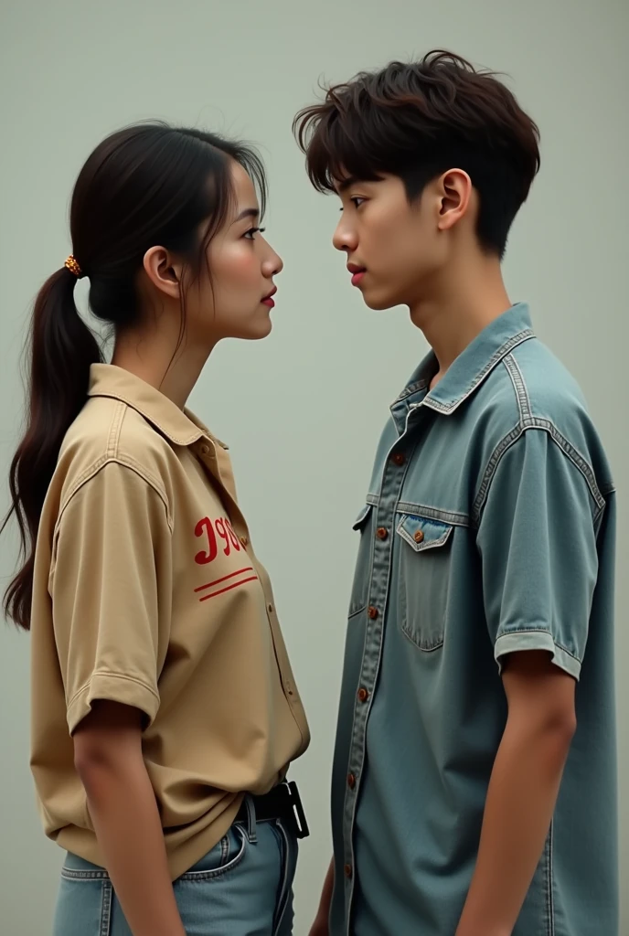 A woman wearing a 1998 shirt with a young man wearing a 2002 shirt, looking at each other face to face