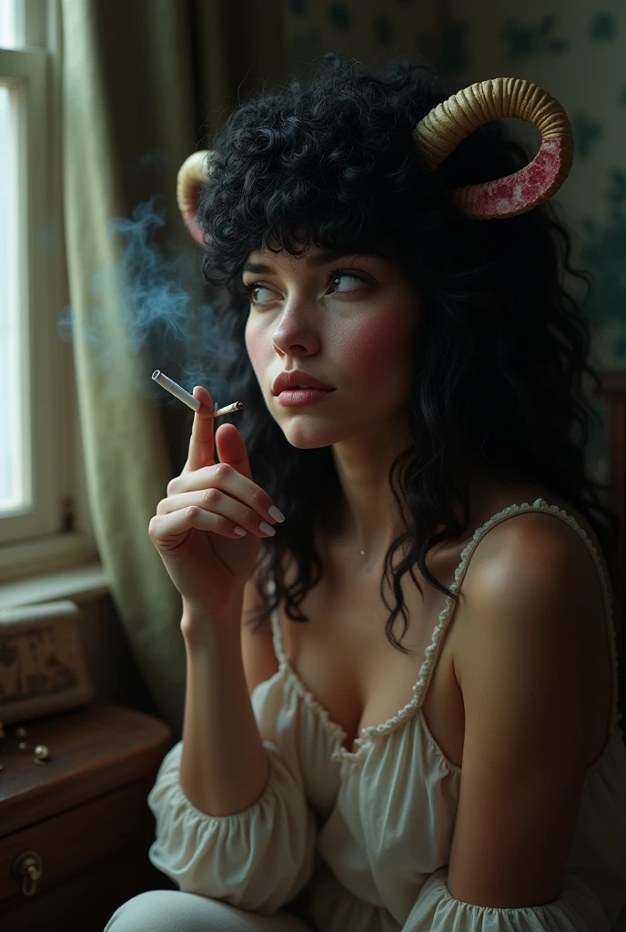A woman with a black sheep face, somewhat furry, pretty, sitting in a corner of her room, smoking a cigarette, only hair on her head, the most sheepish face but without losing the human aspect, so that she is pretty.