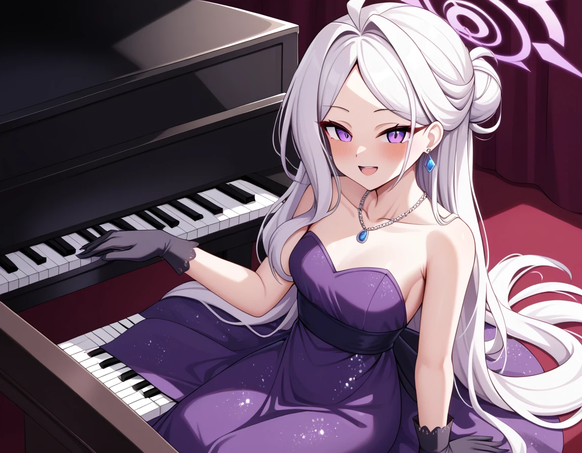 masterpiece, best quality, blue archive, hina (blue archive), hina (dress), hina dress, sorasaki hina, 1girl, solo, smile, blush, purple eyes,horns, shiny purple halo, open mouth, alternate hairstyle, parted bangs, hair bun, sidelocks, collarbone, dress, gloves, bare shoulders, sparkling dress, purple dress, necklace, earrings, Sitting, playing piano, grand piano, piano recital