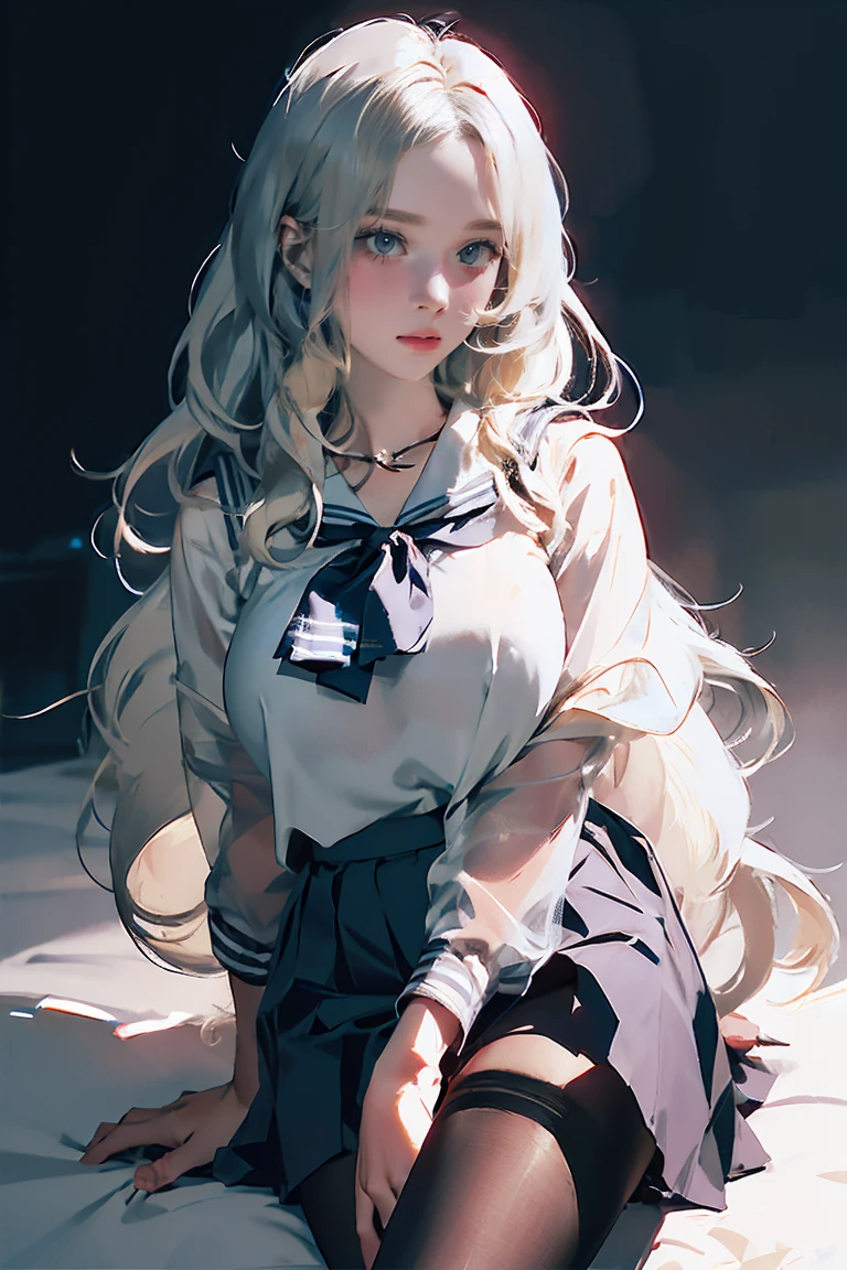 ((See-through)), (Sailor collar uniform), shirt, Pleated skirt, (Black Pantyhose), [:(Detailed face:1.2):0.2], RAW Photos, (masterpiece), (Highest quality), High resolution, (Realistic, photo-Realistic:1.2), Super detailed, Physically Based Rendering, One girl, Air Van, Long Hair, (Silver Hair), Wavy Hair, (Large Breasts),