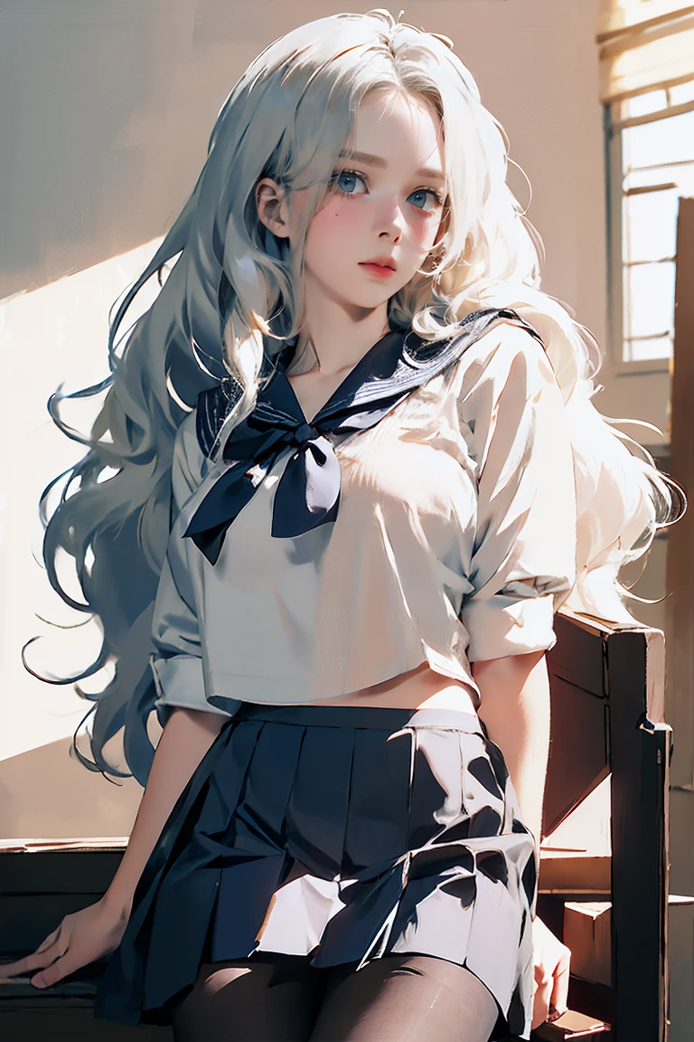 ((See-through)), (Sailor collar uniform), shirt, Pleated skirt, (Black Pantyhose), [:(Detailed face:1.2):0.2], RAW Photos, (masterpiece), (Highest quality), High resolution, (Realistic, photo-Realistic:1.2), Super detailed, Physically Based Rendering, One girl, Air Van, Long Hair, (Silver Hair), Wavy Hair, (Large Breasts),