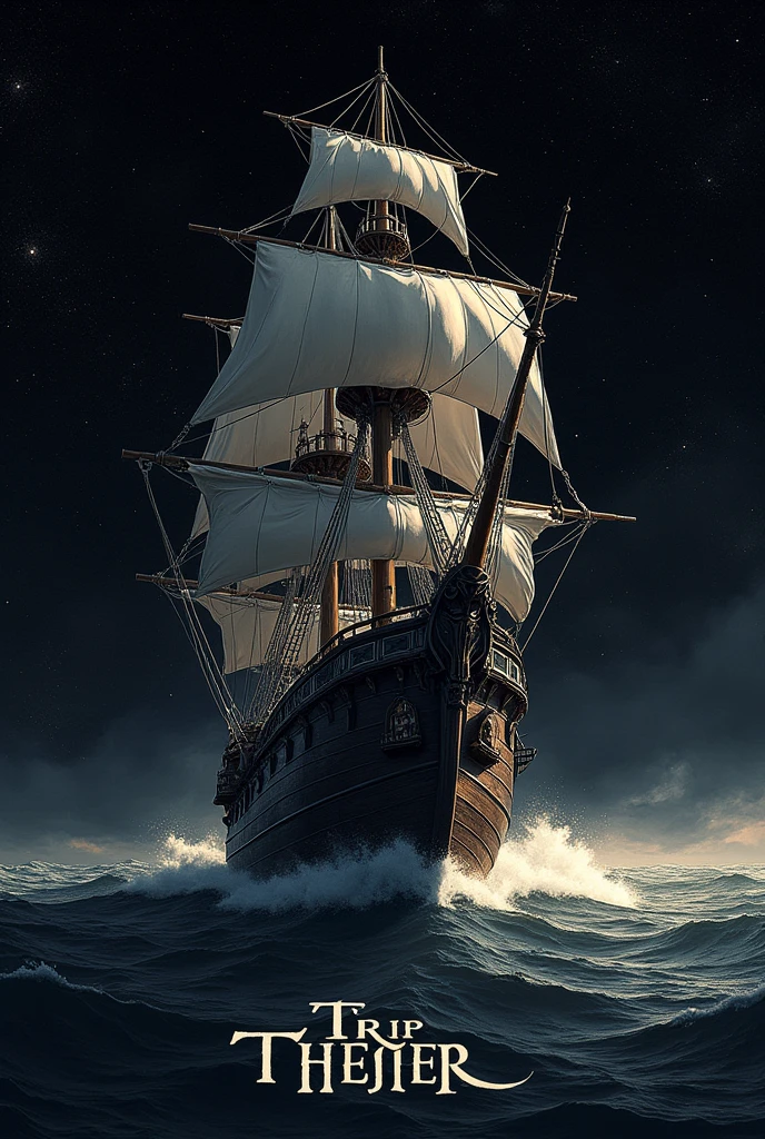 The background is an illustration of a pirate ship flying through space.、A stylish monotone logo with the Trip Theater lettering all in the center.。