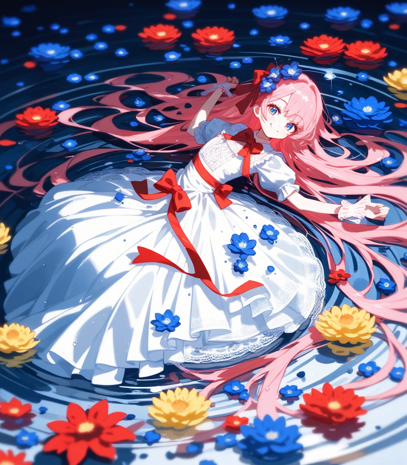 Fraction_9,Fraction_8_up,impressionism.Sunset.1 girl,Extra long pink hair,Red bow on head,ta,Puff sleeves,lace,Long skirt,Lying in the water,Lying on a huge clock,handstand,Water-wrapped figure,reflective,shiny,Blue flowers in hand,Flowers on the water,Smile,rainbow,Blue Theme