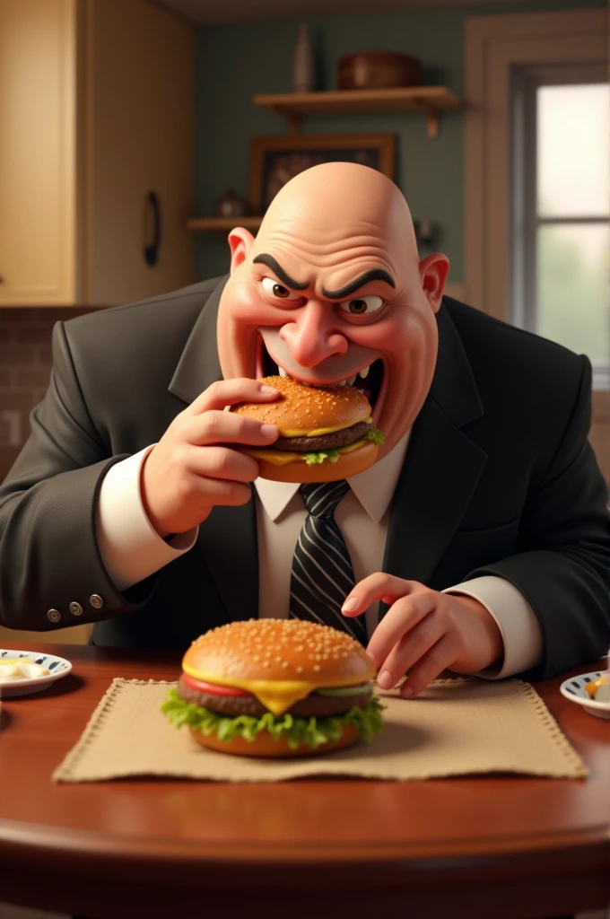 Gru eating burger on the table