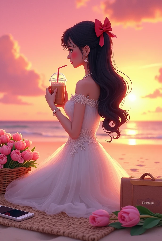 Picturesque pink sunset at the beach with dreamy picnic set up, where cartoon Animated classic Ethereal fierce woman, with wavy long black hair with red bow clip at middle back, wearing off shoulder, embroidered white long tulle dress with pearl accessories, holding iced coffee with one straw while looking at the classic vintage diary, with mobile phone at picnic woven mat, light pink tulips bouquet, and beach bag
