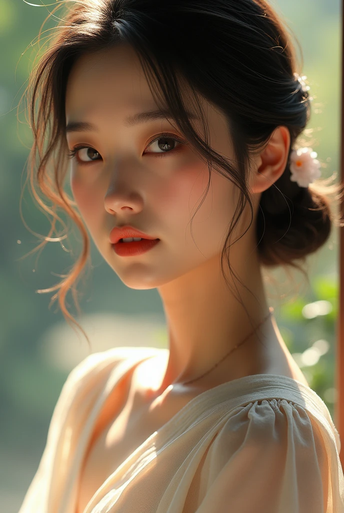 An elegantly dressed Japanese woman in natural light、A close-up of her chest and calm expression.、It shows her inner peace and outer charm.。