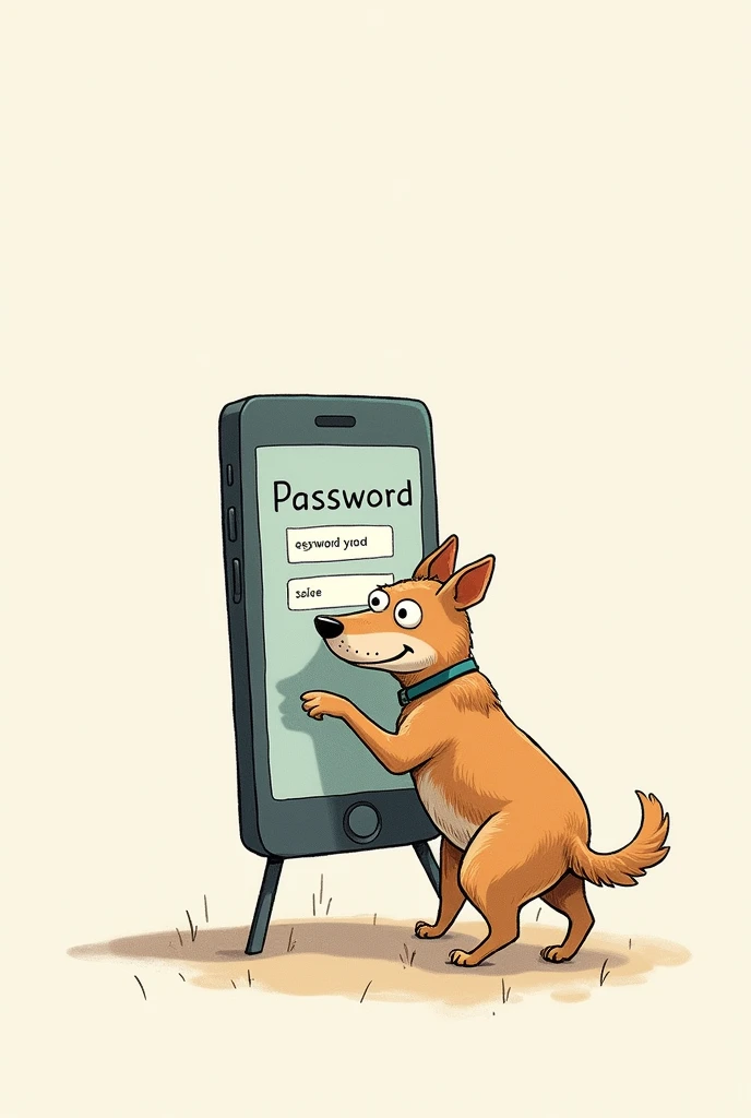 Draw a hand-drawn illustration of a dog guarding a password in front of a smartphone.