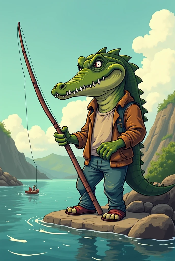 Cartoon of a man with a crocodile head fishing, cool. 