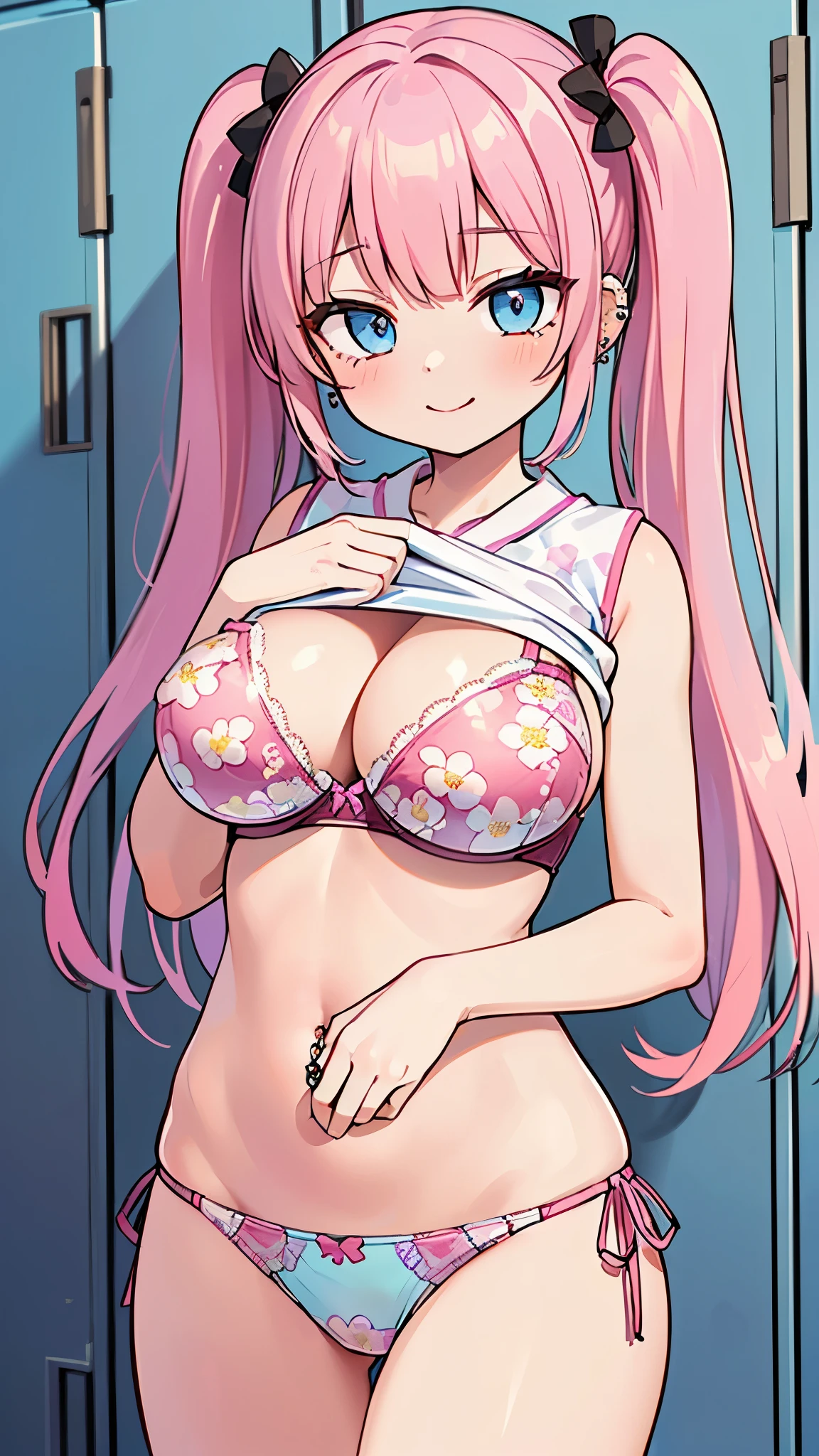 ((masterpiece、Highest quality、Super detailed)、((One girl))、((Pink Hair))、((Twin tails))、((Light blue eyes))、evil smile、((lots of piercings))、((Very large breasts))、((flower print bra))、((flower print panties))、Cowboy Shot、((Lift the chest))、Locker Room Background