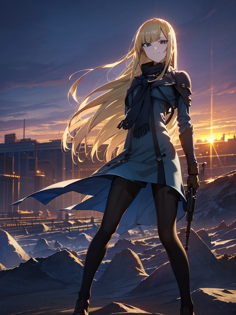 (masterpiece:1.2, Highest quality),(Colored Background) (Beautiful attention to detail: 1.2), (Highly detailed CG Unity 8K wallpapers, masterpiece, Highest quality, Very detailed, Best Shadow), (Detailed Background) ,arms(With a long stick),alone ,1 Robot. Cityscape, building, Skyline, sunset, Silhouette against a cloud background, meditation. Watching the beautiful sunset, sunset時に, sunset時, sunsetとともに, In the sunset, Nice views, Sunset view, With the sunset, sunset時に, During Golden Hour, looking sunset時に, Sunset in the background, Watching the sunset, In the spotlight, holding_gun, assault_rifle, Very detailed, Brown Hair, Long Hair, Anime Style, whole body, alone, Stylish Gunfighter Girl, Holding a steampunk long barrel pistol,Standing in the wasteland, 8K high resolution, White Background, The background is a dark and desolate landscape, Horror movie atmosphere. Her figure is very beautiful, Emphasizing the dark and crazy elements. Skillfully expressing the effects of light and shadow,